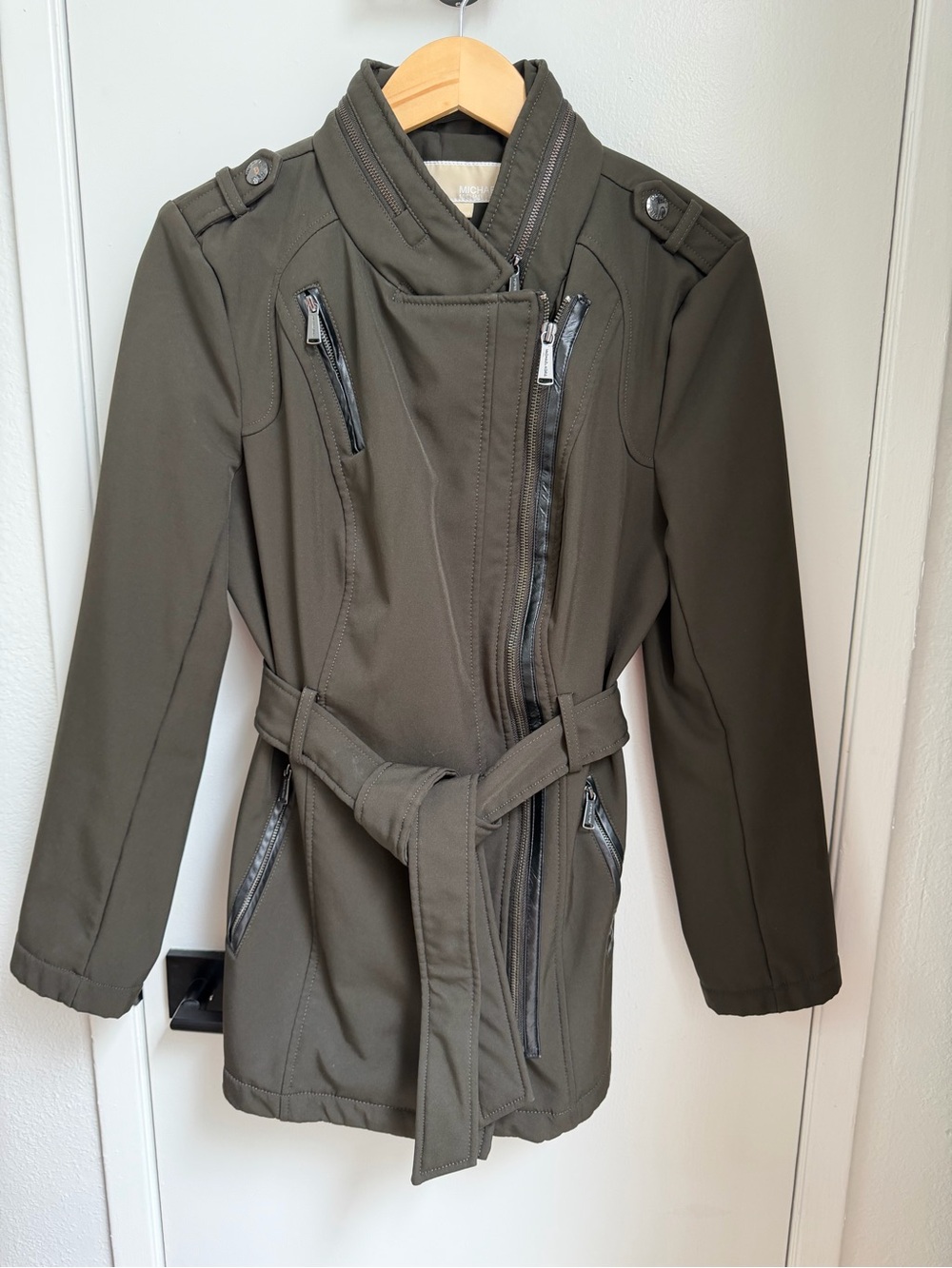Michael Kors Olive Belted Moto-Inspired Trench Coat